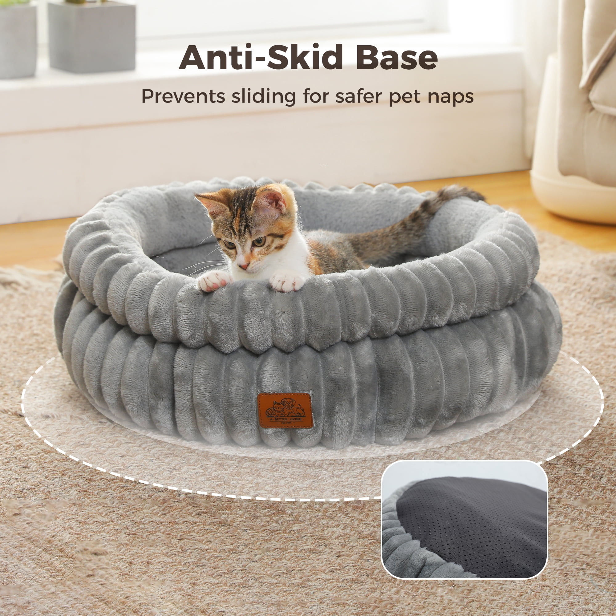 PAWZ Road 24" Cat Bed Soft Plush Kitten Bed Washable Round Pet Bed for Indoor Cats and Puppy, Gray