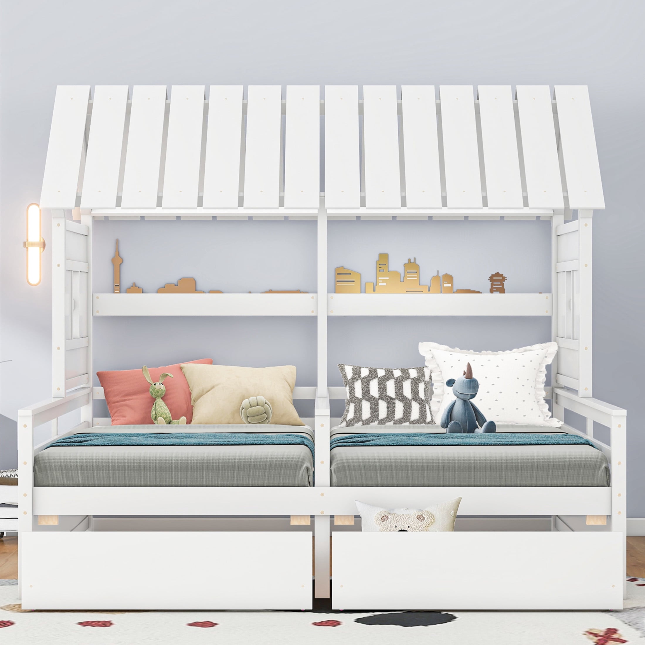 Noble House Junton Dual Twin Size House Platform Bed for Shared Rooms, 2 Side-by-Side Beds with Drawers, White