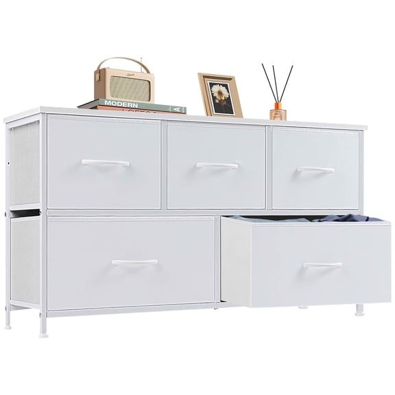 MAYEERTY 5-Drawer Tall Fabric Storage Tower Dresser with Wooden Top, Steel Frame Organizer Cabinet for Nursery Bedroom Closet Entryway