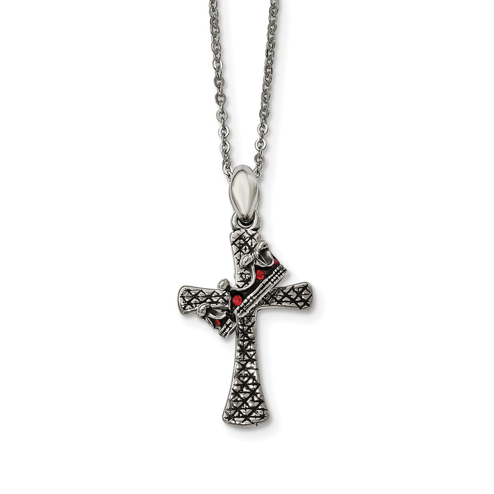 with Secure Lobster Lock Clasp Solid Stainless Steel Vintage Antiqued and Crystals Cross Pendant Necklace Charm Chain 