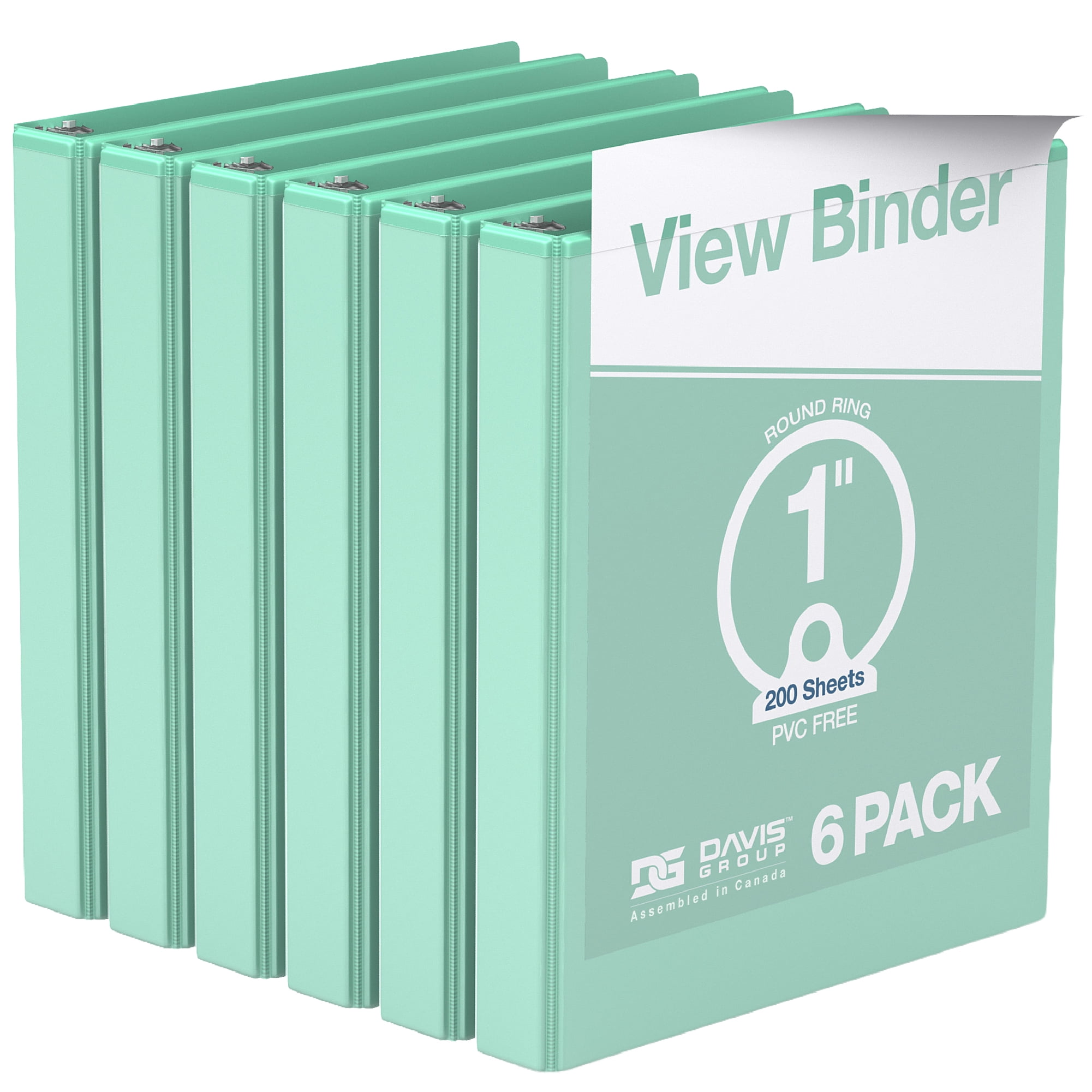Davis Group Economy 3-Ring View Binders, 1" Round Rings, 225 Capacity, Mint, Pack of 6
