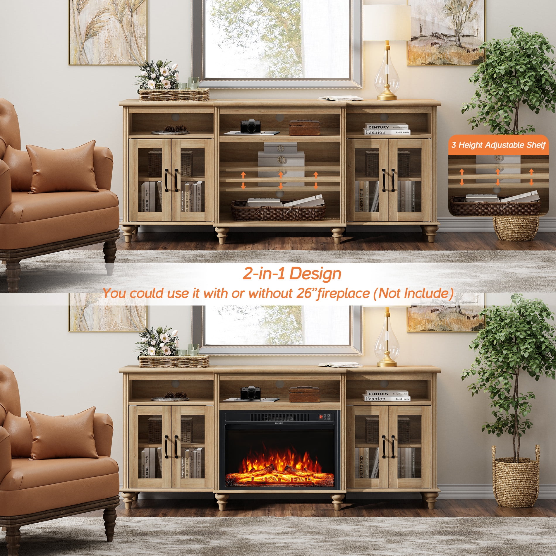 Oak TV Stand for TVs Up to 75 inch, 4-Door Glass Farmhouse TV Console with 9 Storage Cabinets, 70''