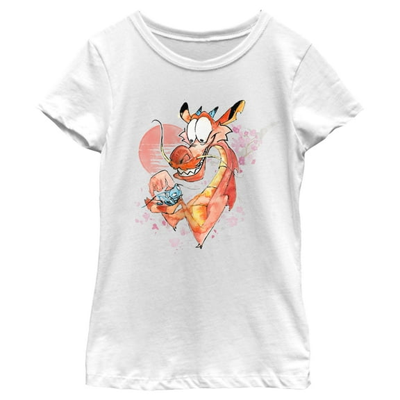 Girl's Mulan Watercolor Mushu and Cri-Kee  Graphic Tee White Small