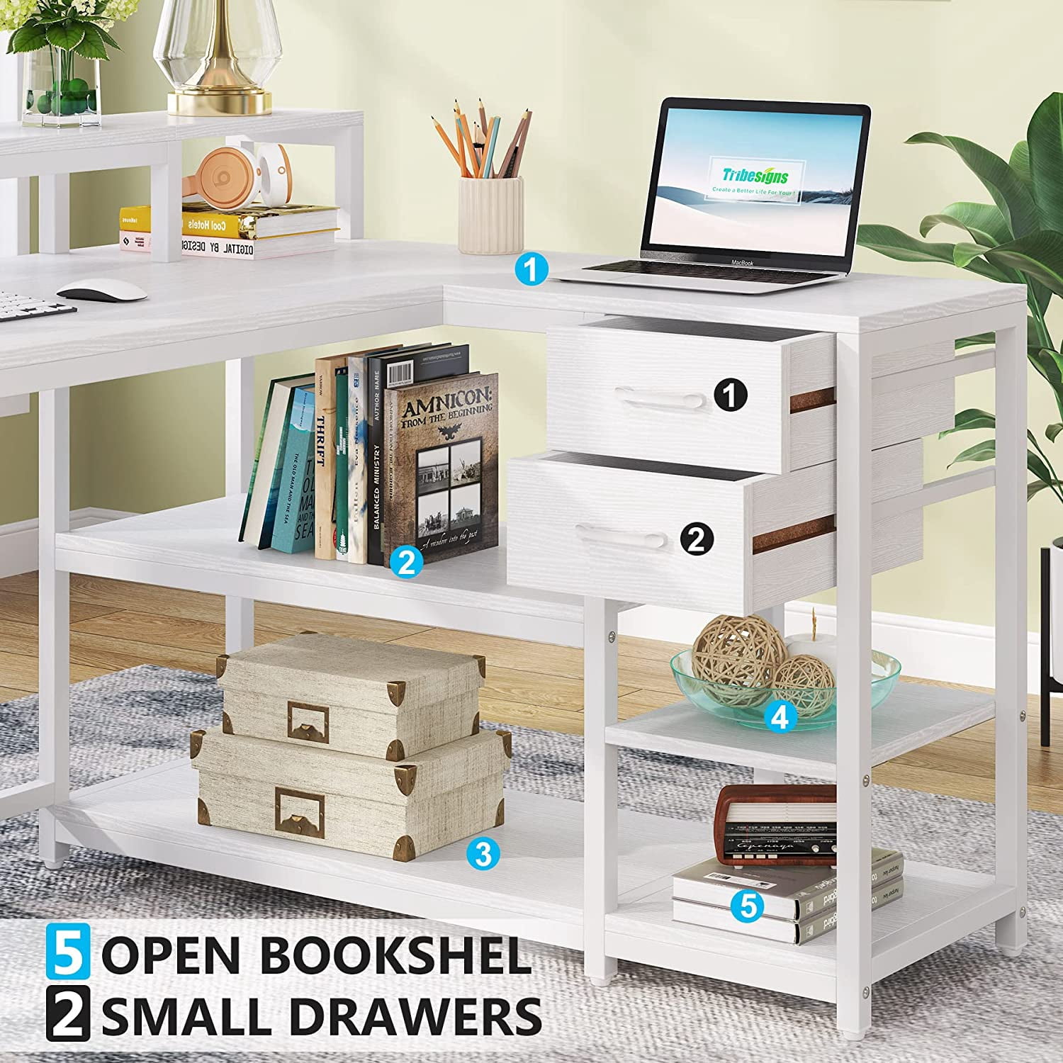 Tribesigns L Shaped Desk with Drawers and Monitor Stand, Reversible Corner Desk with Storage Shelves for Samll Home Office (White)
