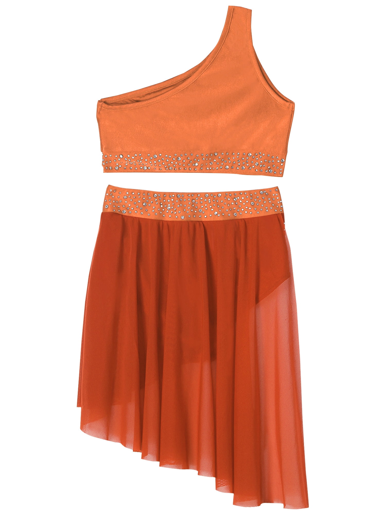 TSSOE Kids Girls 2 Pieces Lyrical Dance Dress Crop Top with Tutu Skirt Ballet Figure Skating Dress Orange 8