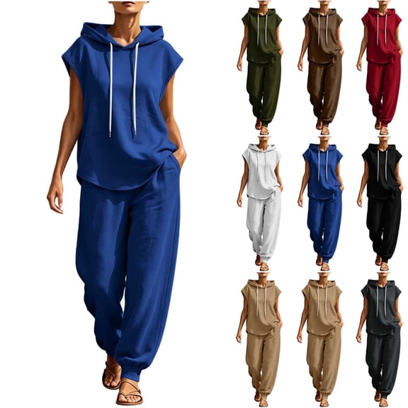 Women's 2 Piece Tracksuit Outfits Loose Sleeveless Hoodies Wide Leg Jogger Pants Matching Set Fall Y2K Outfits Workout Loungewear White