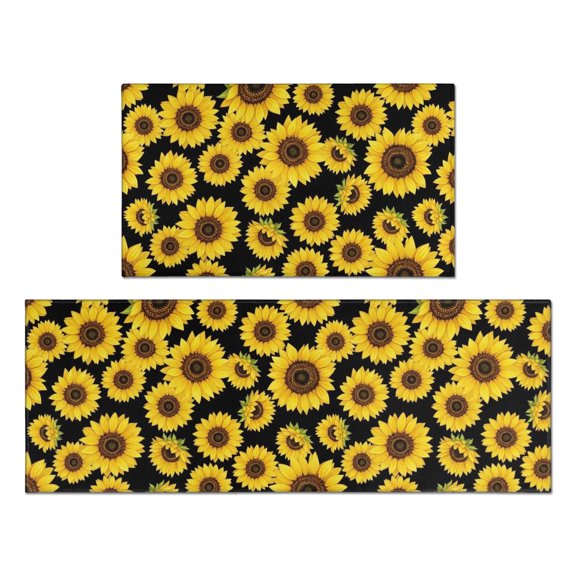 Sunflower Black Pattern Anti Fatigue Kitchen Rugs Set Of 2, Non Slip Washable Decorative Floor Mats for Kitchen Sink Laundry, 17"x30" and 17"x47"