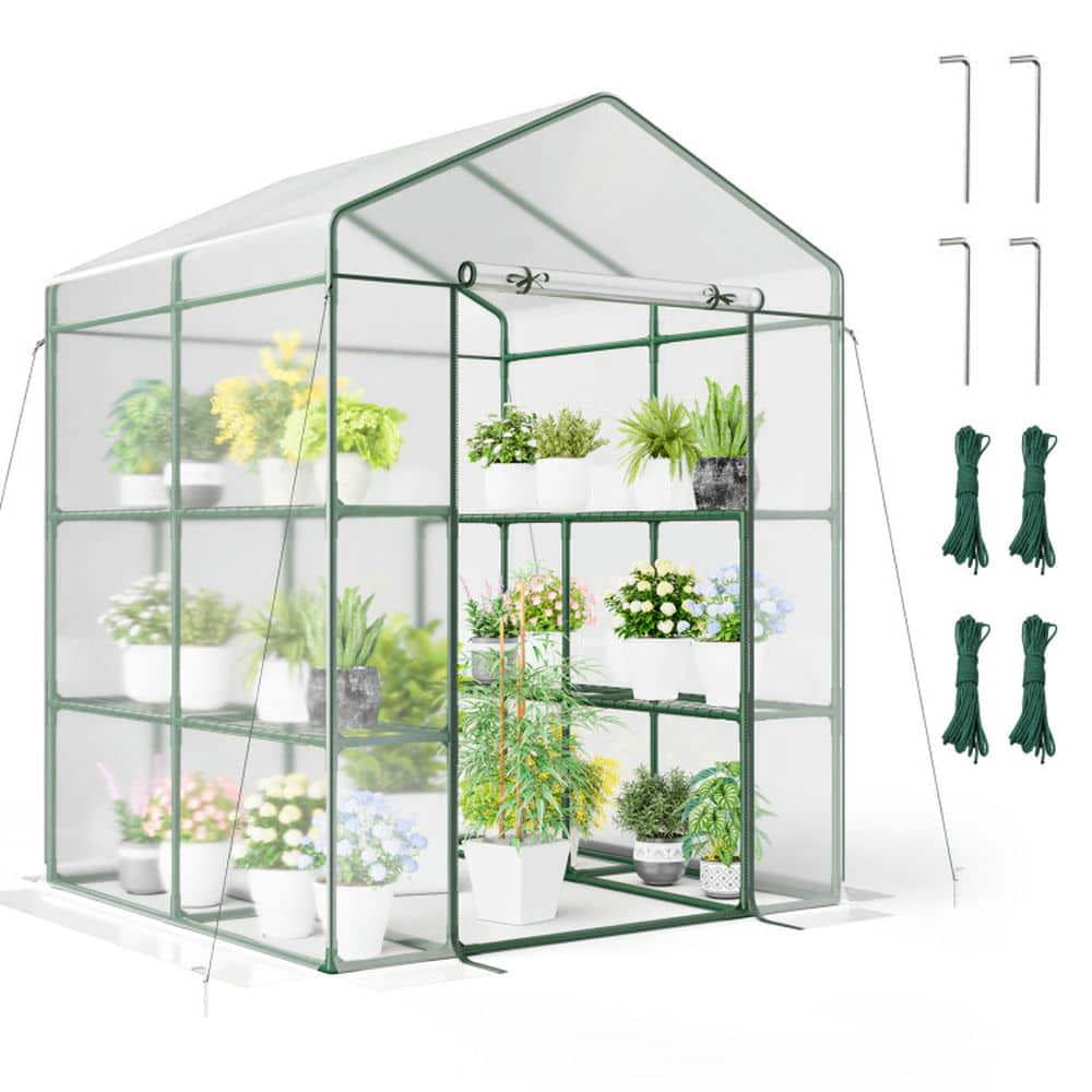 Spaco Walk-in Greenhouse with 3 Tiers 8 Shelves PVC Cover Roll-up Zippered Door, Walk-in Greenhouse for Outdoor, Transparent