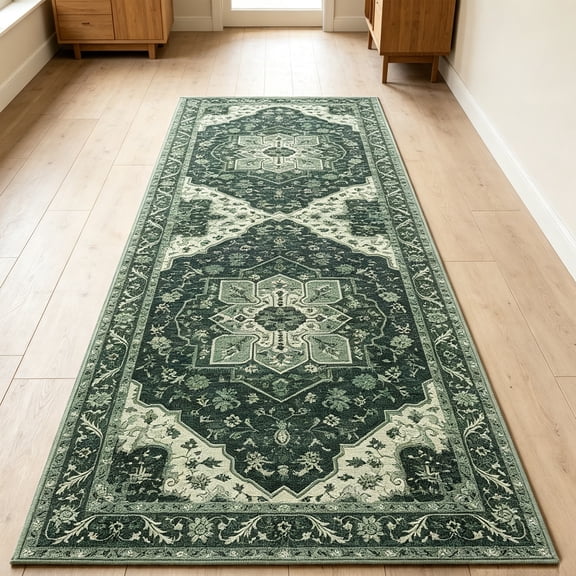 WANLISELL 2ft x 6ft Hallway Runner Rug, Non-Slip Machine Washable Vintage Floral Area Rugs, Soft Indoor Carpet for Bedroom, Dark Green