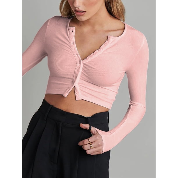 Diconna Women's Spring Summer Fitted Crop Tops Long Sleeve Front