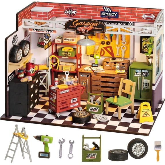 Robotime Garage Workshop Miniature Kit, Diy Miniature Dollhouse with LED Light, Tiny House Model for Adults