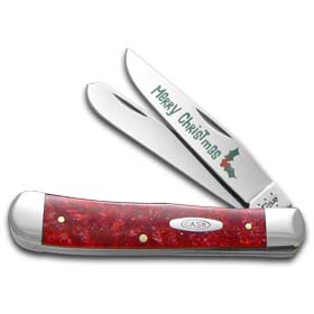 Case xx Merry Christmas Red Sparkle Kirinite Trapper Stainless Pocket
