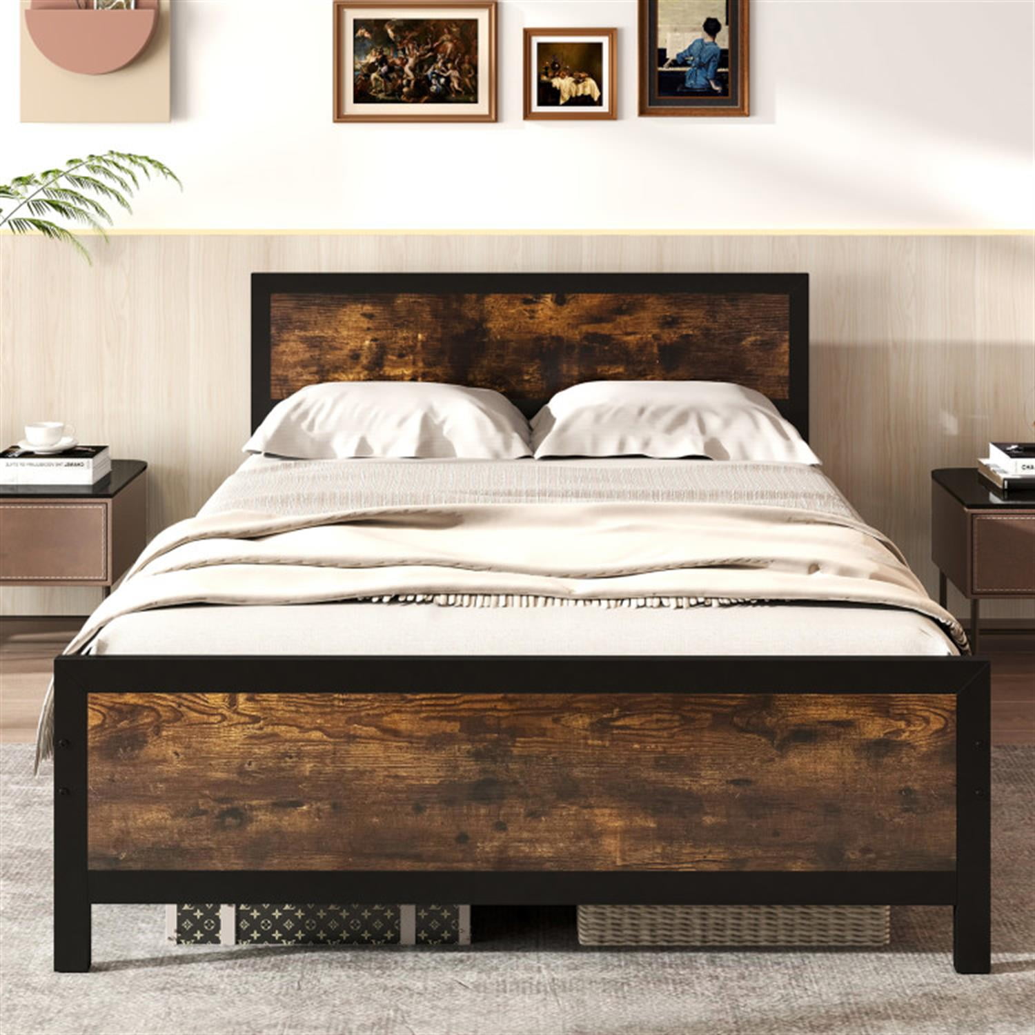 Demi Bonn Full Size Bed Frame with Headboard and Footboard, Modern Metal Platform Bed Frame with Under Bed Storage, No Box Spring Needed, Brown