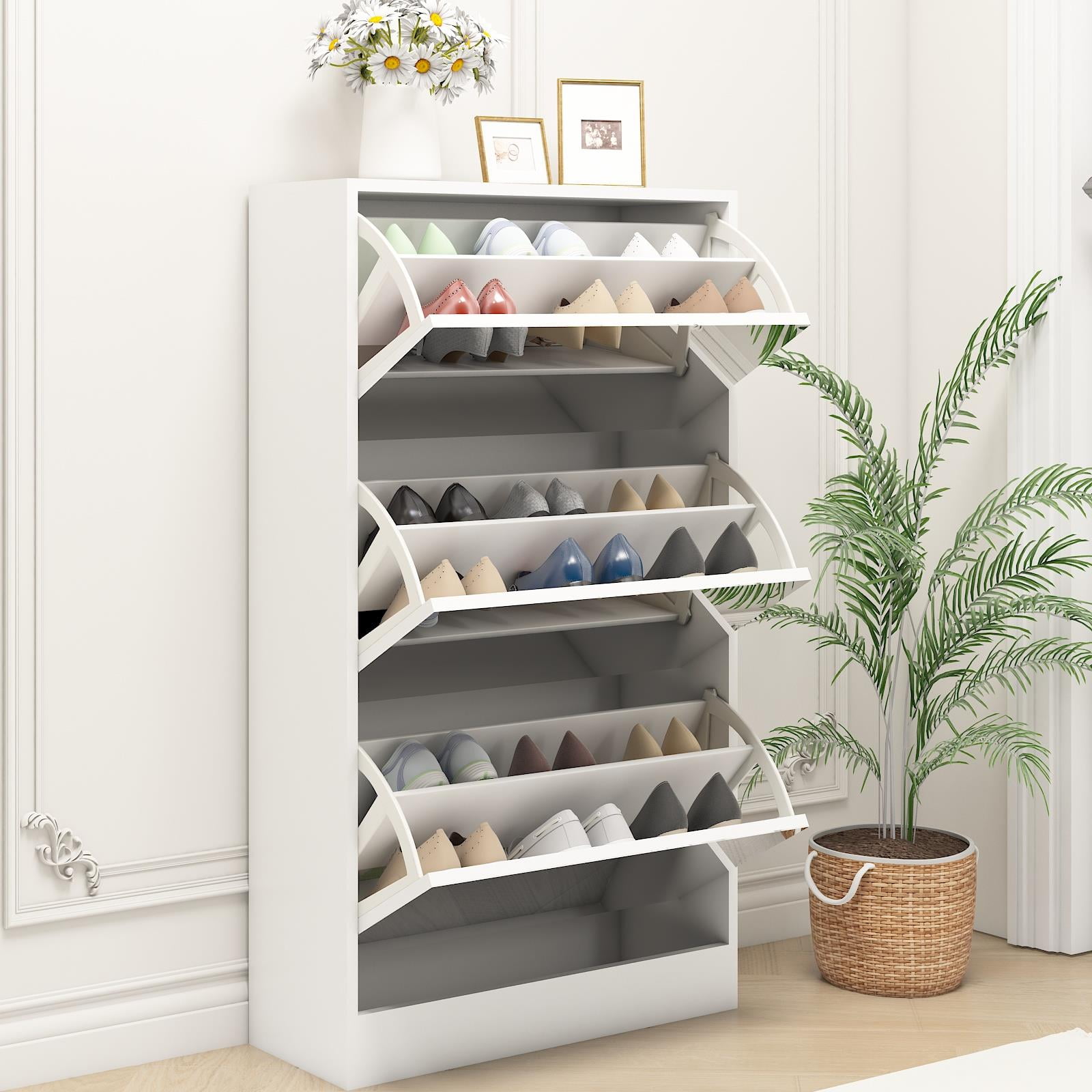 Mirrored Shoe Cabinet 23.62 W Narrow Shoe Storage Cabinet with 3 Flip Drawers for 18 Pairs 3 Tier White Shoe Organizer Shoe Rack for Home and Apartment Walmart