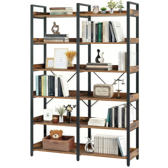 6-Tier Industrial Bookshelf, 67" Wooden Bookshelf with Open Shelves, Freestanding Metal Frame Bookcase for Storage and Display, Modern Book Shelves for Bedroom, Living Room and Home Office, Brown