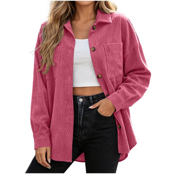 OGLCCG Womens Corduroy Button Down Shirts Long Sleeve Oversized Shacket Jacket Fall Casual Lapel Outerwear with Pockets,Size S-XXL