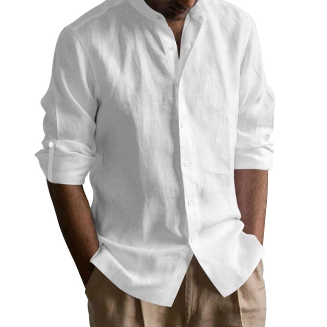 pstuiky camisetas de manga larga para hombre, Camisa de hombre de lino y color liso con cuello alto y ventilación, manga larga tops de invierno para hombre l