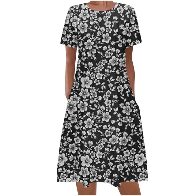 Hyknon Robes pour Femmes Mode Été Bohème Imprimé Manches Courtes Robe de Plage Robe Longueur Genou Décontractée Douce Fluide Ample