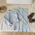 thumbnail image 3 of Pandaie Girls Drawstring Crop Blous Top Flare Pants 2 Piece Set Solid Color Stretch Long Sleeve Casual Fashion Tracksuit Blue,7-8 Years, 3 of 6