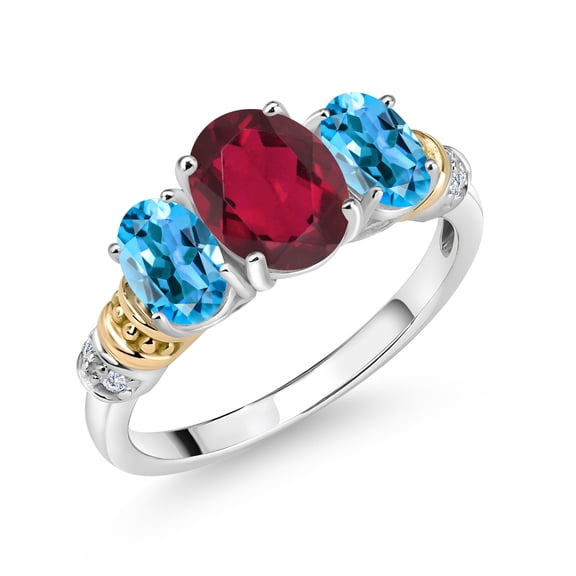 Gem Stone King 925 Sterling Silver and 10K Yellow Gold Oval Ruby Red Mystic Topaz Swiss Blue Topaz and White Diamond 3 Stone Ring for Women (2.43 Cttw, Gemstone Birthstone, Size 6)