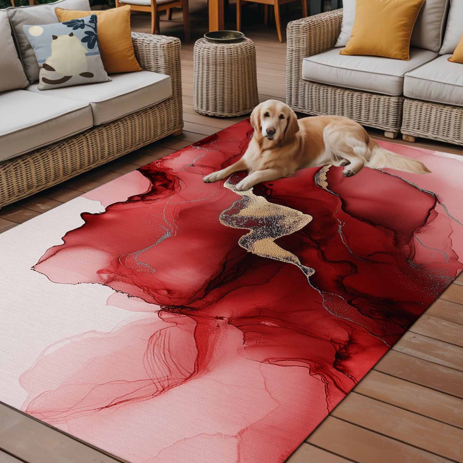 Outdoor Rug 5x8ft Abstract Ombre Red Marble Large Area Rug White Modern Art Indoor Outdoor Carpet Outdoor Rugs Mats for Patio Camping,RV,Front Door, Outside Decor