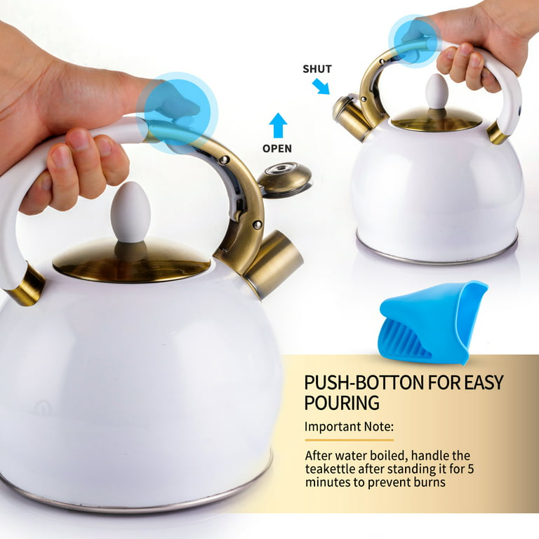  SUSTEAS Stove Top Whistling Tea Kettle-Surgical Stainless Steel Teakettle  Teapot with Cool Touch Ergonomic Handle,1 Free Silicone Pinch Mitt  Included,2.64 Quart(WHITE): Home & Kitchen