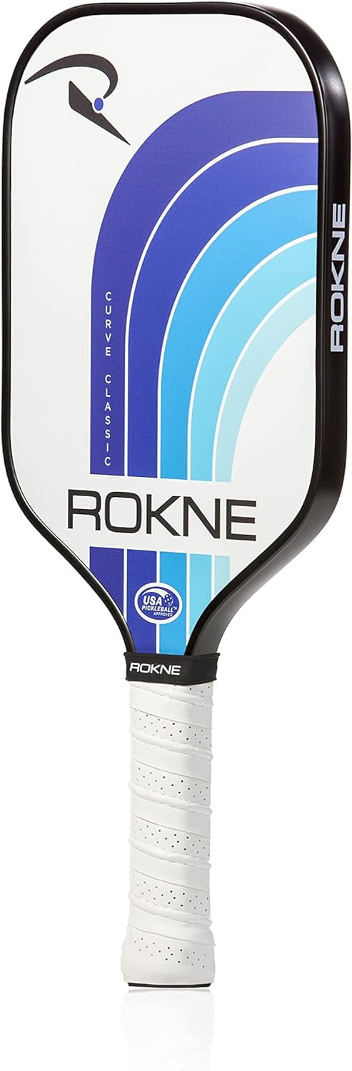 Rokne Curve Classic Fiberglass Pickleball Paddle Long Handle Racket with Pro Grit Texture and Cover, Deep Sea