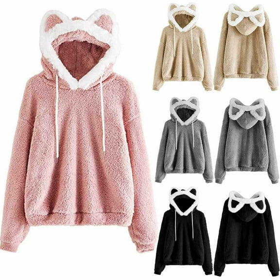 Meichang Fuzzy Cropped Hoodies for Women Cute Cat Ear Hooded Sherpa Fleece Pullover Sweatshirt Winter Warm Long Sleeve Oversized Hoodies