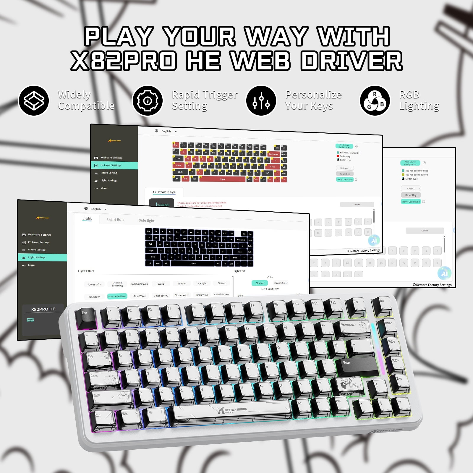 ATTACK SHARK X82PRO HE 75% Wireless Rapid Trigger Magnetic Keyboard, 8K Wired Gaming Keyboard, Hall Effect Switches Adjustable Actuation, QWERTY, RGB Backlit, C01 RGB Coiled Cable -Comic