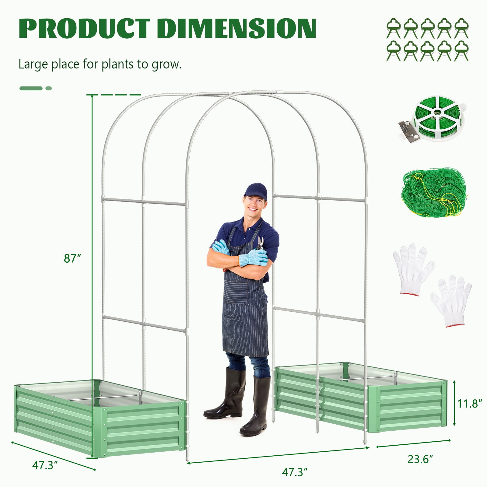 Slsy 3 in 1 Galvanized Raised Garden Bed with 85in Tall Arch Trellis for Climbing Vegetables Flowers Herbs, Metal Raised Garden Bed Kit with Trellis, Plant Ties, Climbing Supporting Netting