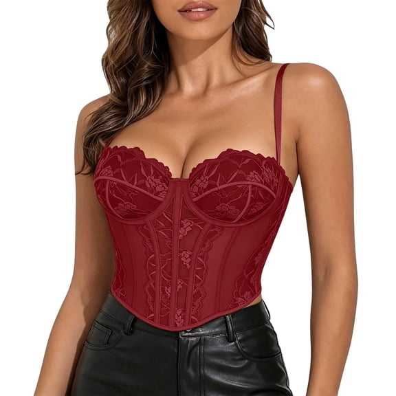 Karymi Womens Tops Dressy Casual Lace Patchwork Corset Top, Slimming Bustier with Spaghetti Straps, Versatile Shapewear for Layering or Outerwear Womens Blouses
