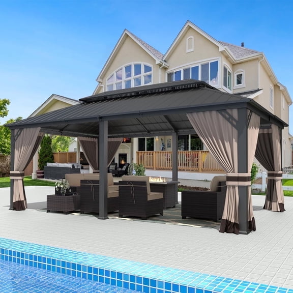 Gotland 12' x 20' Hardtop Gazebo, Outdoor Iron Metal Double Roof Pergola with Curtains and Netting for Patio, Garden, Lawn, Khaki