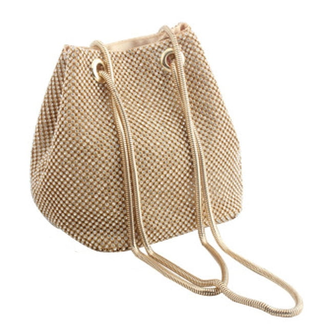 Miangastore Polyester Bucket Bag Single Shoulder Rhinestone Handbag for Women Ladies Girls Golden