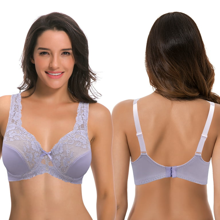 Curve Muse Women's Minimizer Unlined Underwire Bra With Lace Embroidery-2  Pack-Lavender,Gray-40DDD 
