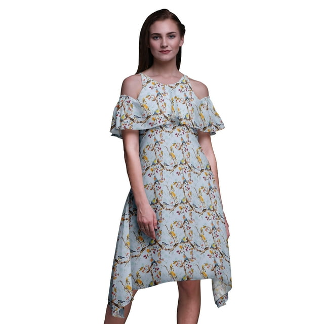 Bimba Blue Watercolor Printed Womens Ruffle Front Cold Shoulder Swing Shift Dress - X-Small