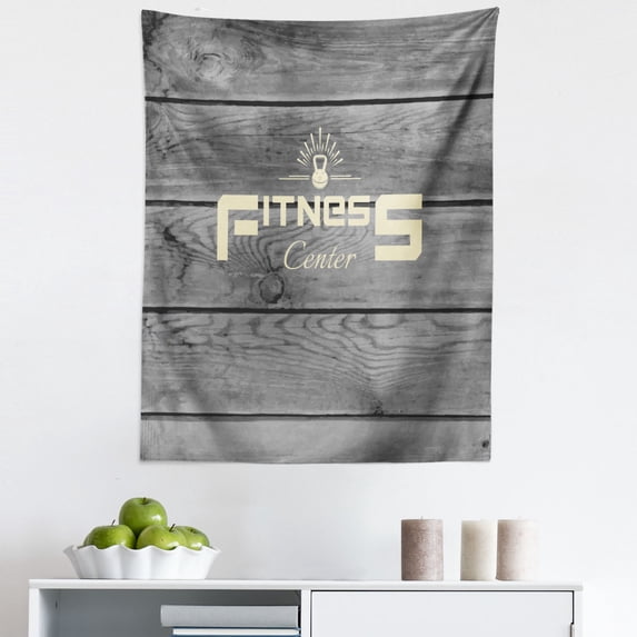 Fitness Tapestry, Fitness Club on Wooden Planks Backdrop Aerobics Energy Training Print, Fabric Wall Hanging Decor for Bedroom Living Room Dorm, 5 Sizes, Pale Yellow Black Grey, by Ambesonne