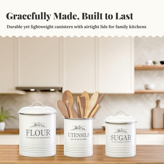 Kitchen Canisters for Countertop – 3-Piece Airtight Canister Set for the Kitchen Counter with Utensil Holder – Flour Sugar Containers – Cream-White Magnolia Finish