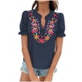 thumbnail image 2 of YHAJDS Womens T Shirts Cotton Linen Like Embroidered Short Sleeve V Neck Pullover Casual Tops, 2 of 5