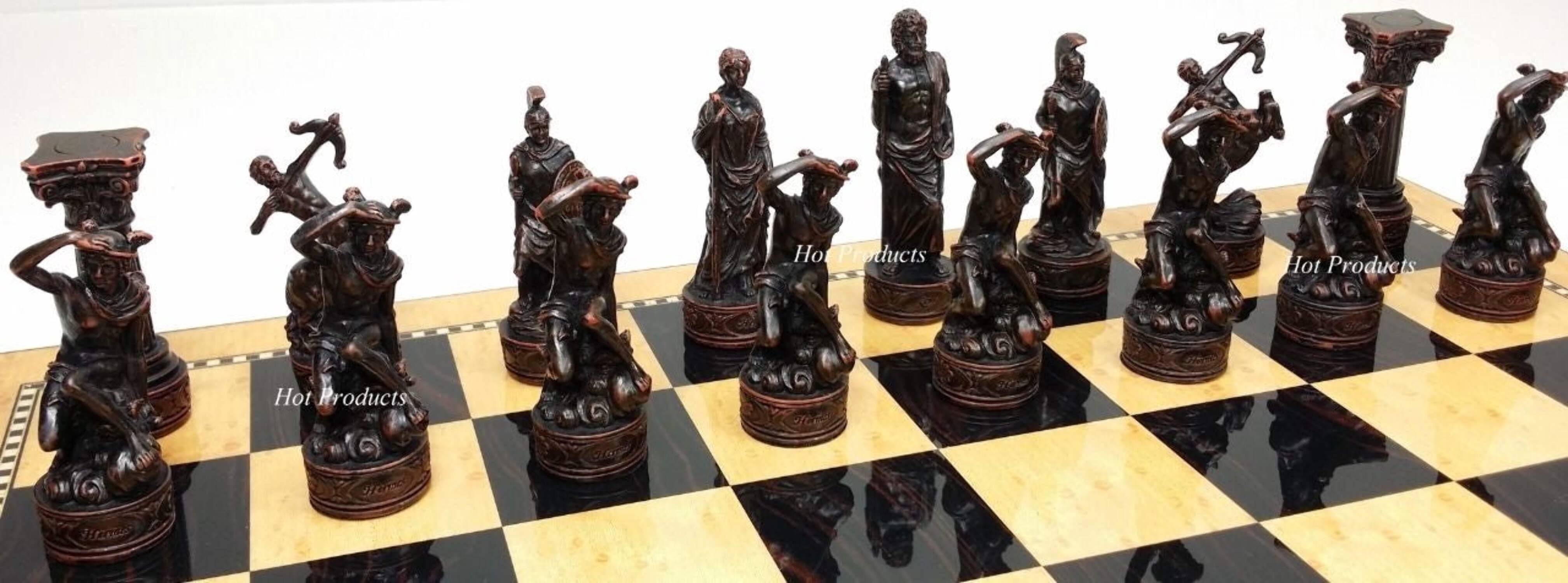 Greek Roman Gods Mythology Chess Set W/ 17" Walnut  Maple Color Storage Board