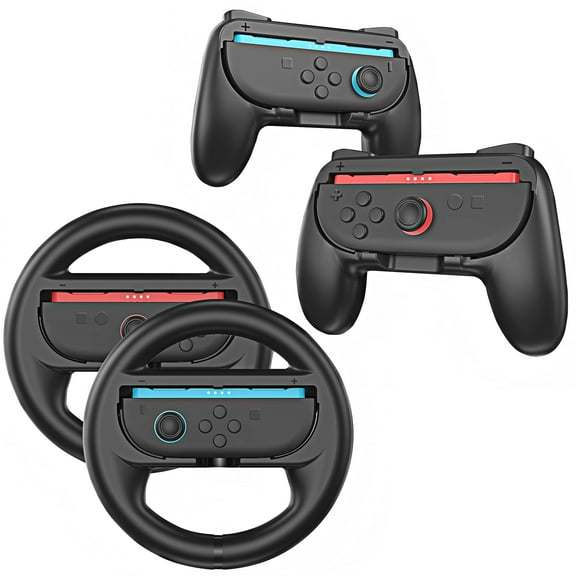 YUOY Joy-Con Grip (2 Pack) & Steering Wheel (2 Pack) for Nintendo Switch 2 - Family Sports Party Accessories Set (Black)