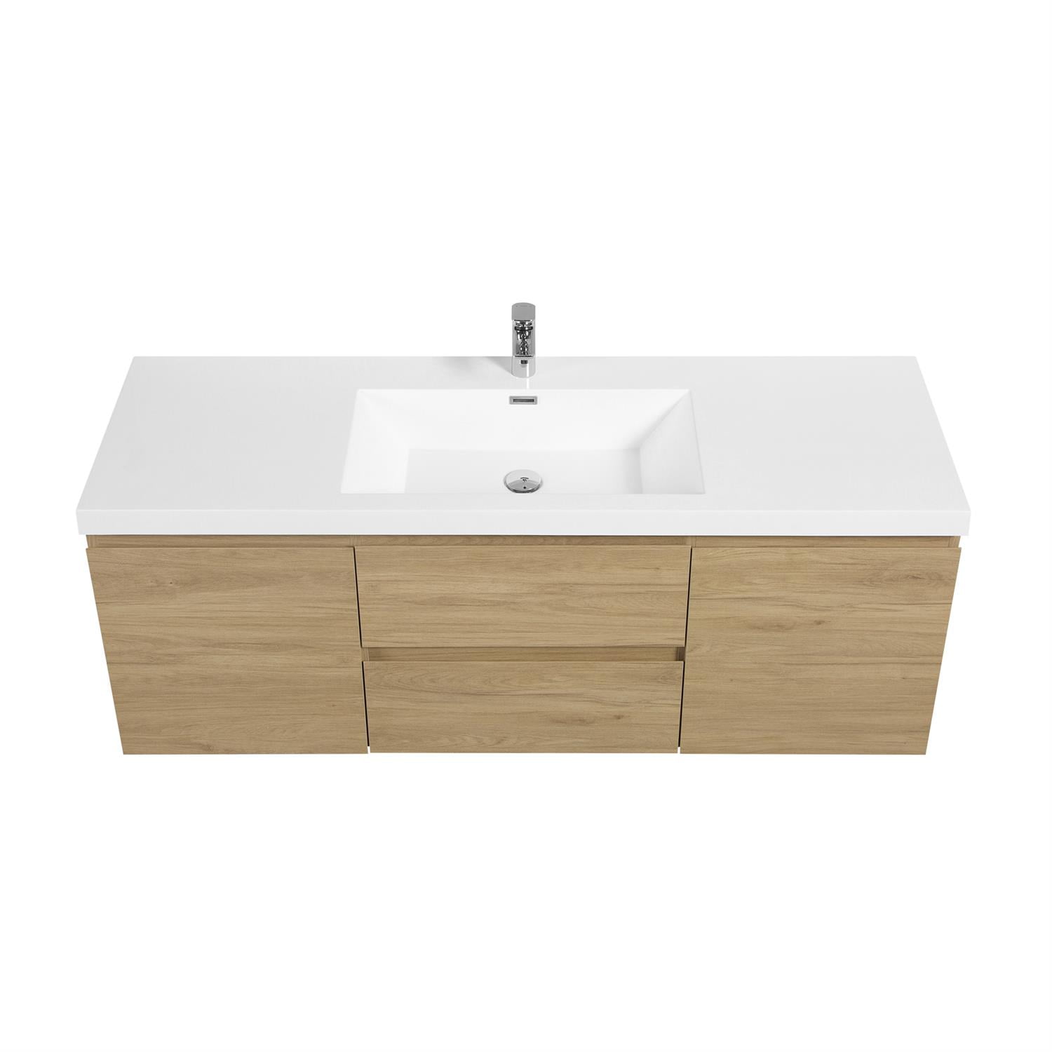 Demi Bonn 60" Floating Bathroom Vanity with Sink, Resin Top Basin and 2 Soft Close Drawers, 2 Storage Cabinet, Faucets and Drains Not Included, Brown