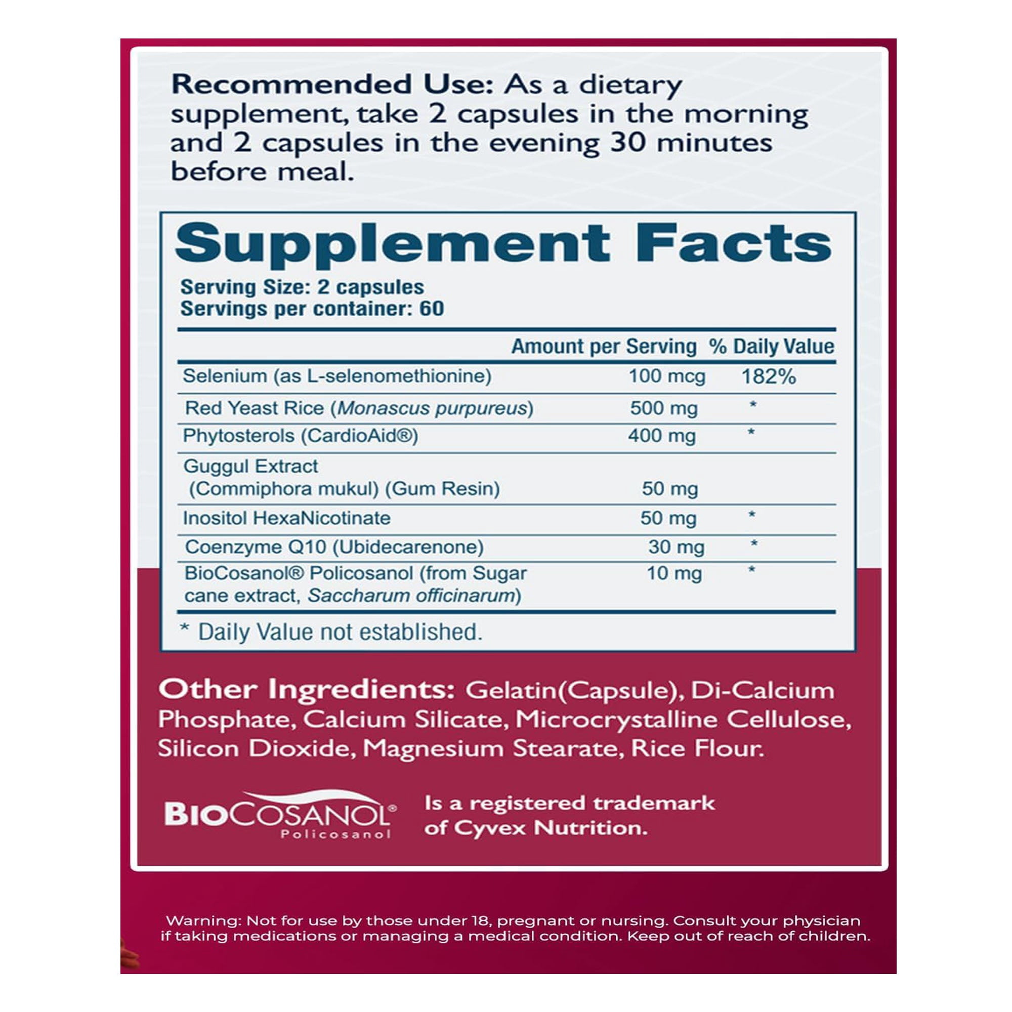 HeartSavior Natural Cholesterol Support Supplement with Red Yeast Rice, CoQ10, Plant Sterols & Niacin Blend - 7-Ingredient Healthy Formula for Men & Women - Made in USA, Non-GMO, (120 Capsules)