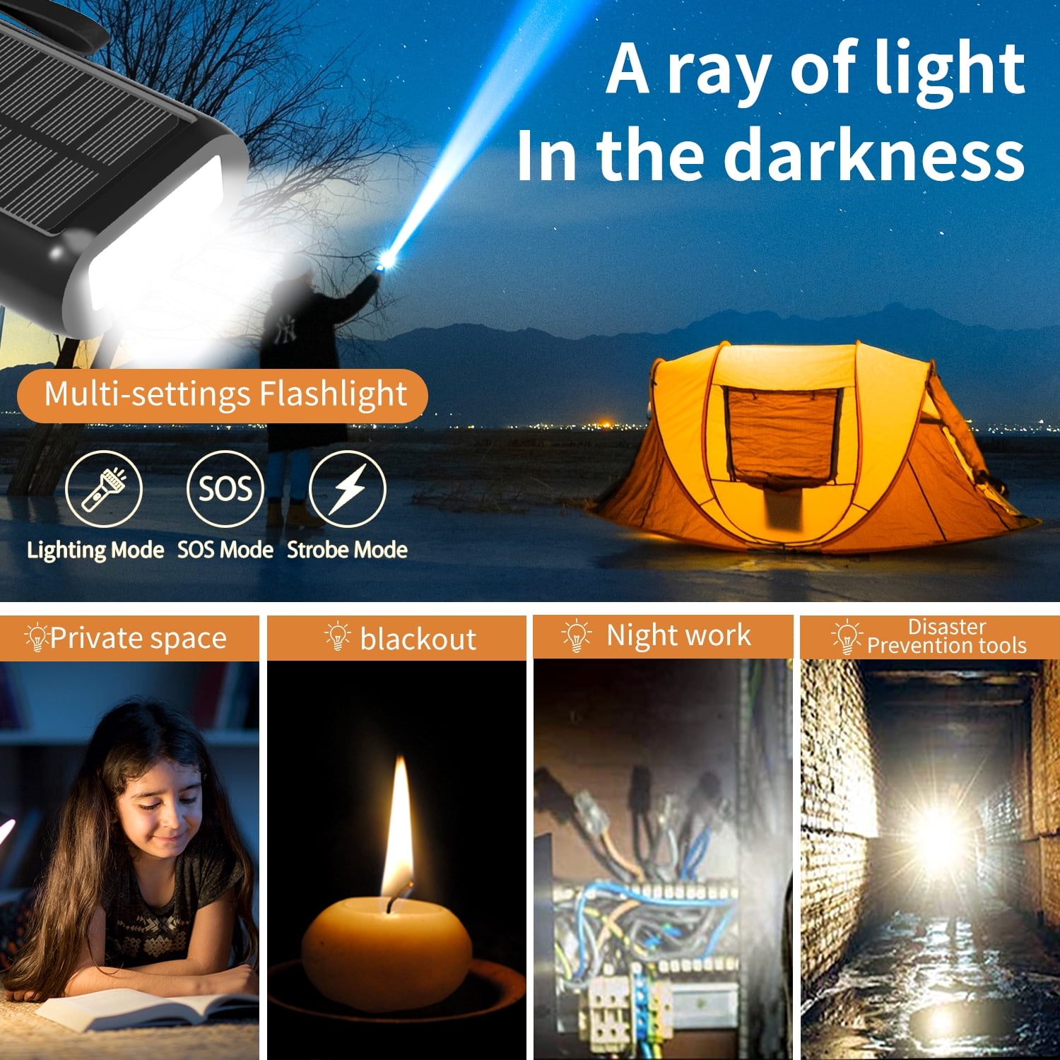 61200mAh Solar Power Bank with Hand Crank, Built-in 4 Cables, 15W Fast Charging, Type-C In/Out, LED Flashlight with SOS/Strobe, Portable Charger for iPhone and Android