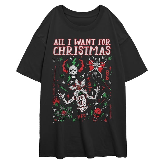 Juniors Stranger Things All I Want For Christmas Monster Icons T Shirt