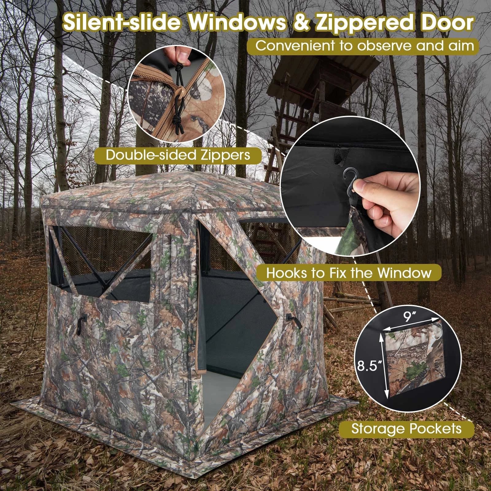 Exdeerjoy Portable 270 Degree See Through Hunting Blind 2-3 Person Pop Up Hub Ground Blind with Silent Sliding Window Carrying Bag Ground Blinds for Turkey Deer Hunting