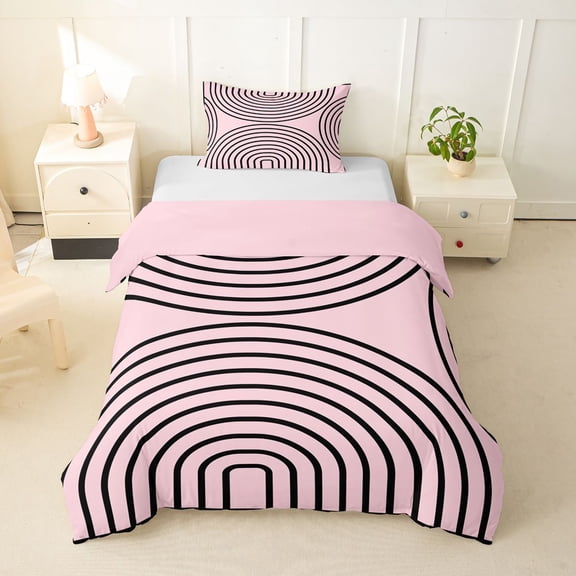 Homewish Abstract Stripes Twin Duvet Cover,Classic Geometric Twin Bedding,Pink Black,Pink Reversible,2 Pieces,1 Duvet Cover and 1 Pillowcase