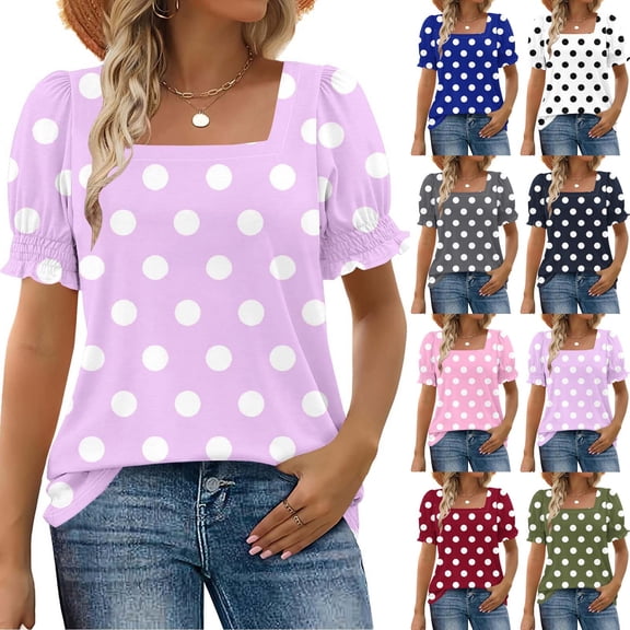 YHAJDS Womens Short Sleeve Tshirts Square Neck Polka Dot Print Lace Trim Casual Blouse Tee