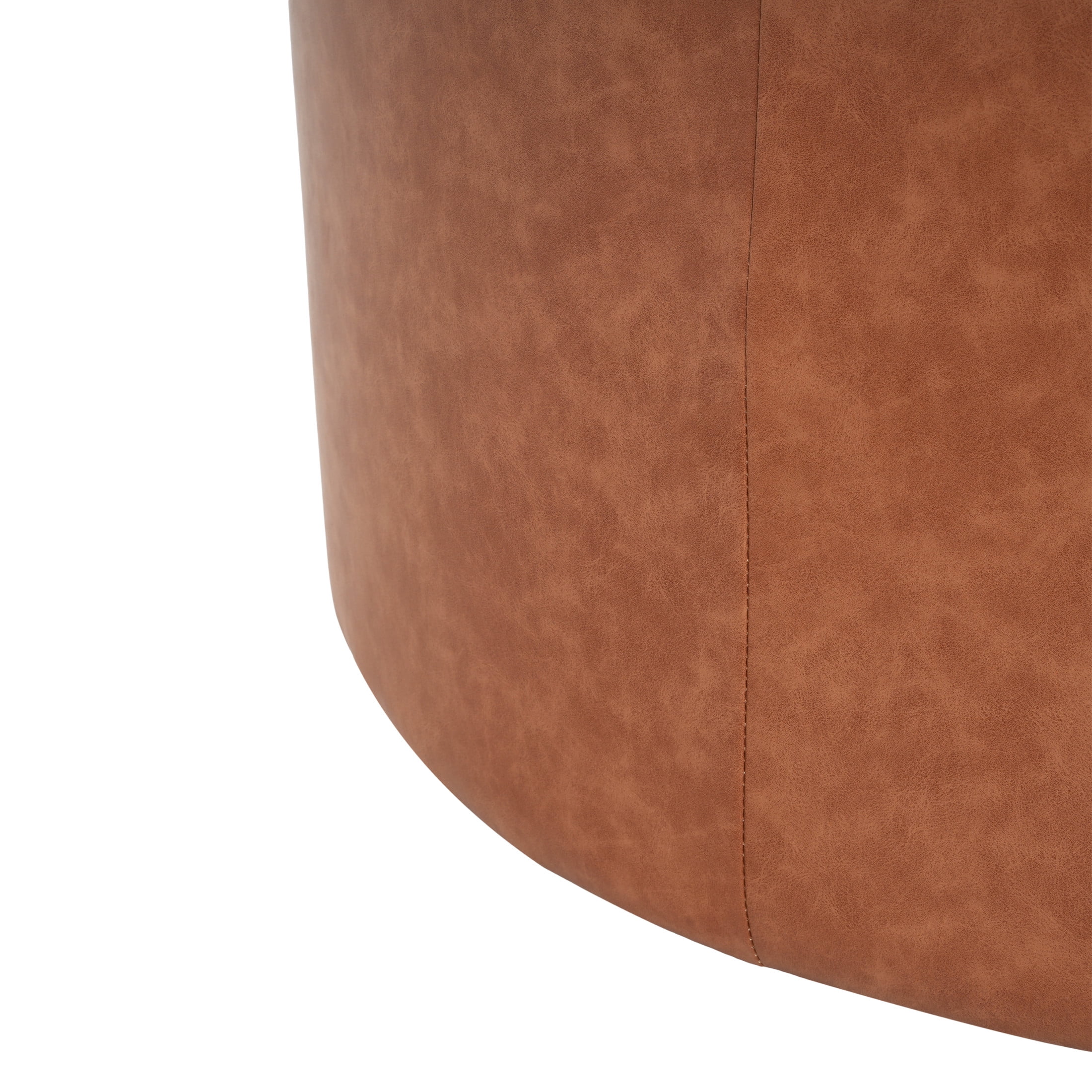 Christopher Knight Home 30" PU Upholstered Round Ottoman, Wood Frame, Cognac Brown