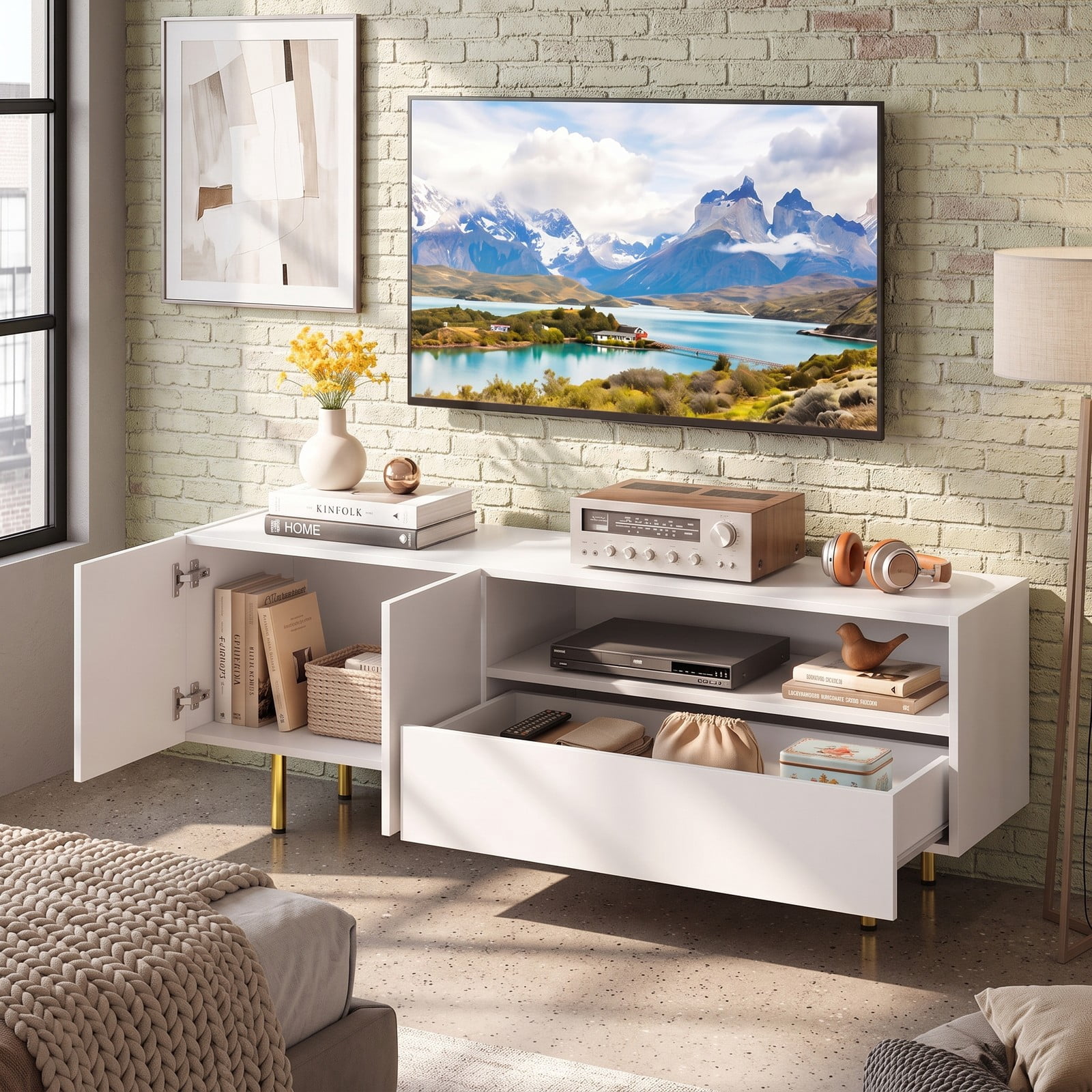 Furnibear 60 inch TV Stand for TVs up to 70 Inch with Storage Cabinet, Adjustable Shelf and Raised Metal Legs, Modern Entertainment Center Media Console for, White