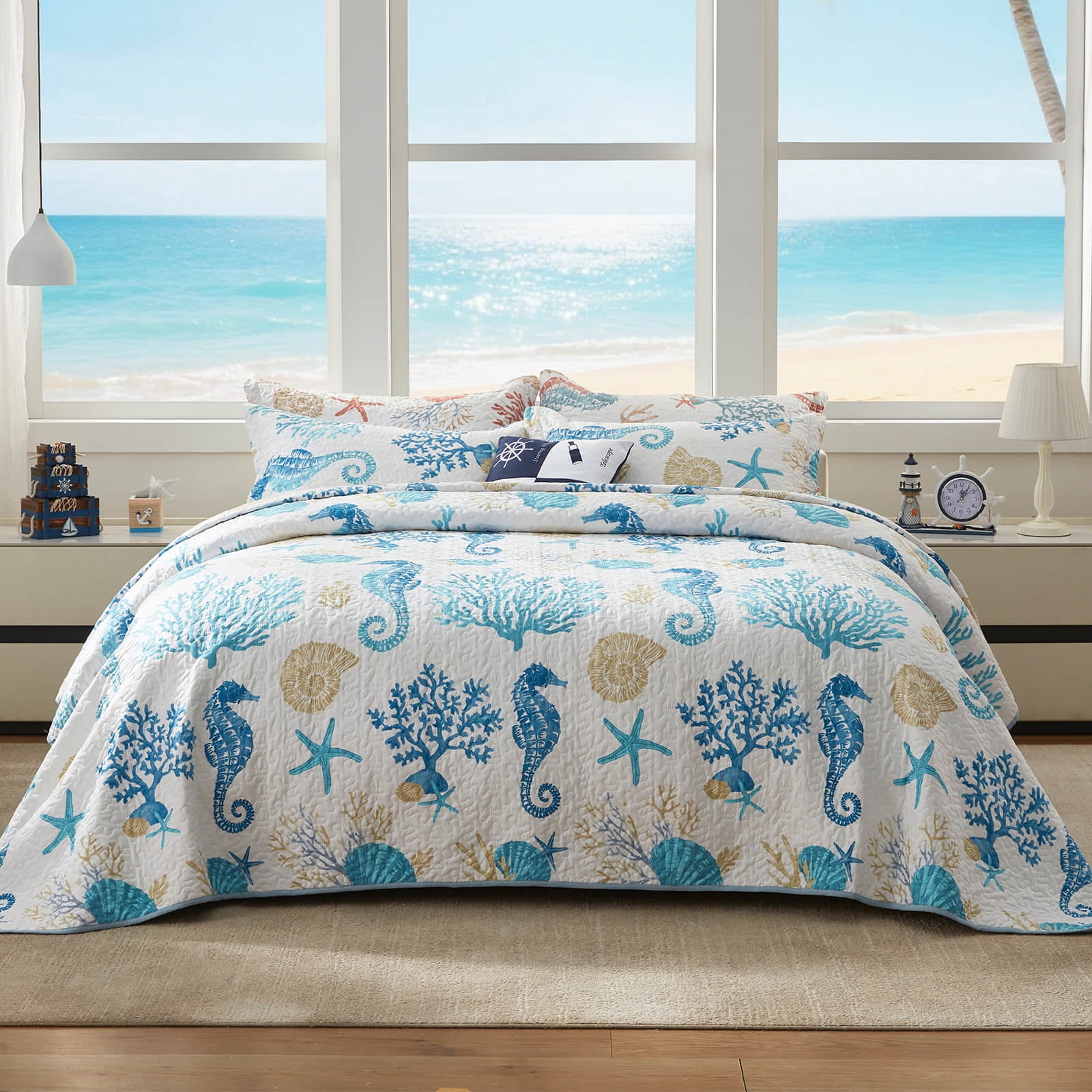 Coastal Quilt Set King Size - Lightweight Microfiber Reversible Bedspread, 98''x106'', Sky Blue, Includes 2 Shams